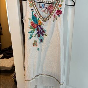 Johnny Was White Dress with Multicolor Embroidery